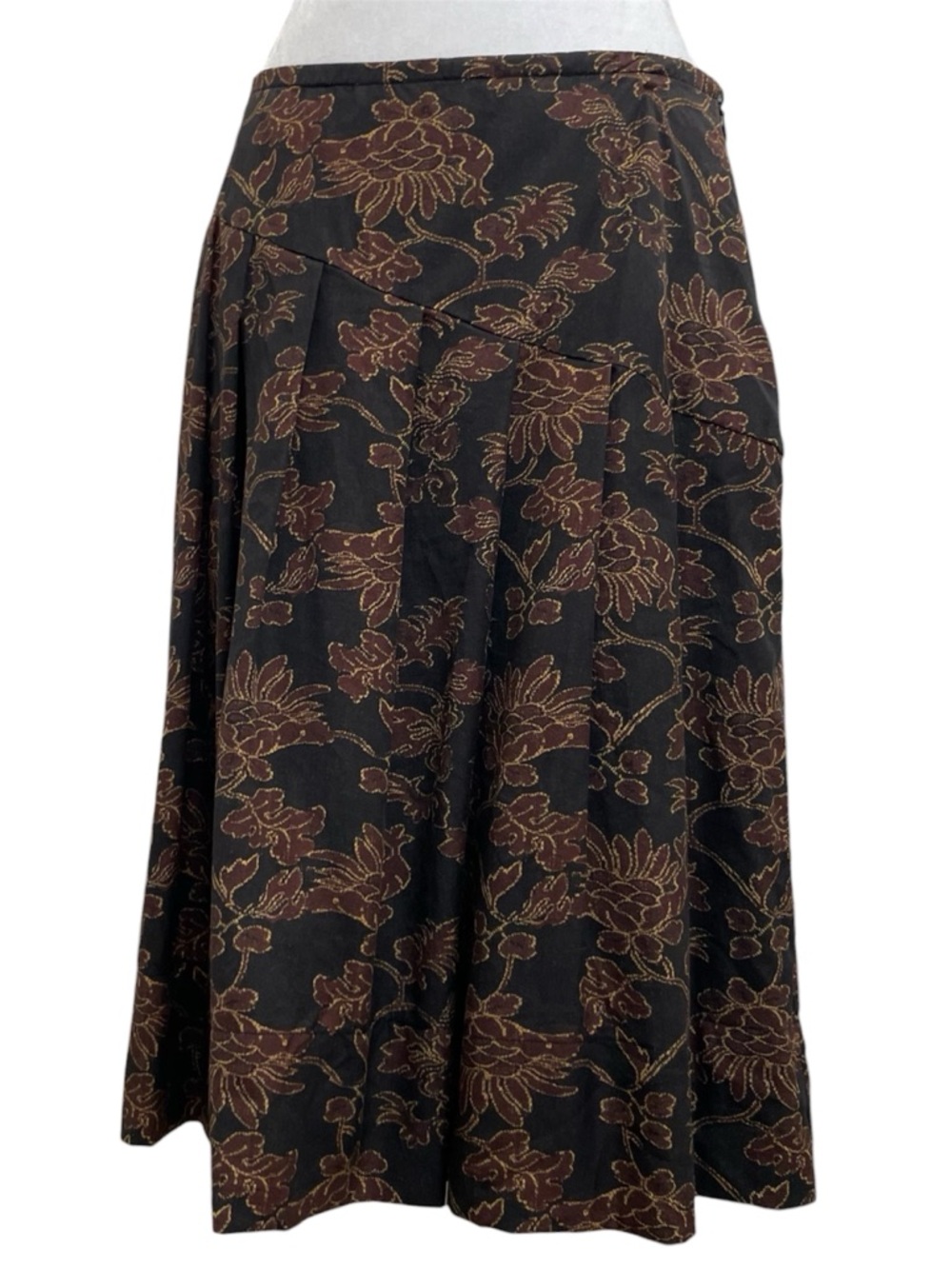 Peruvian Connection Black & Brown Floral Asymmetrical Pleated Midi Skirt